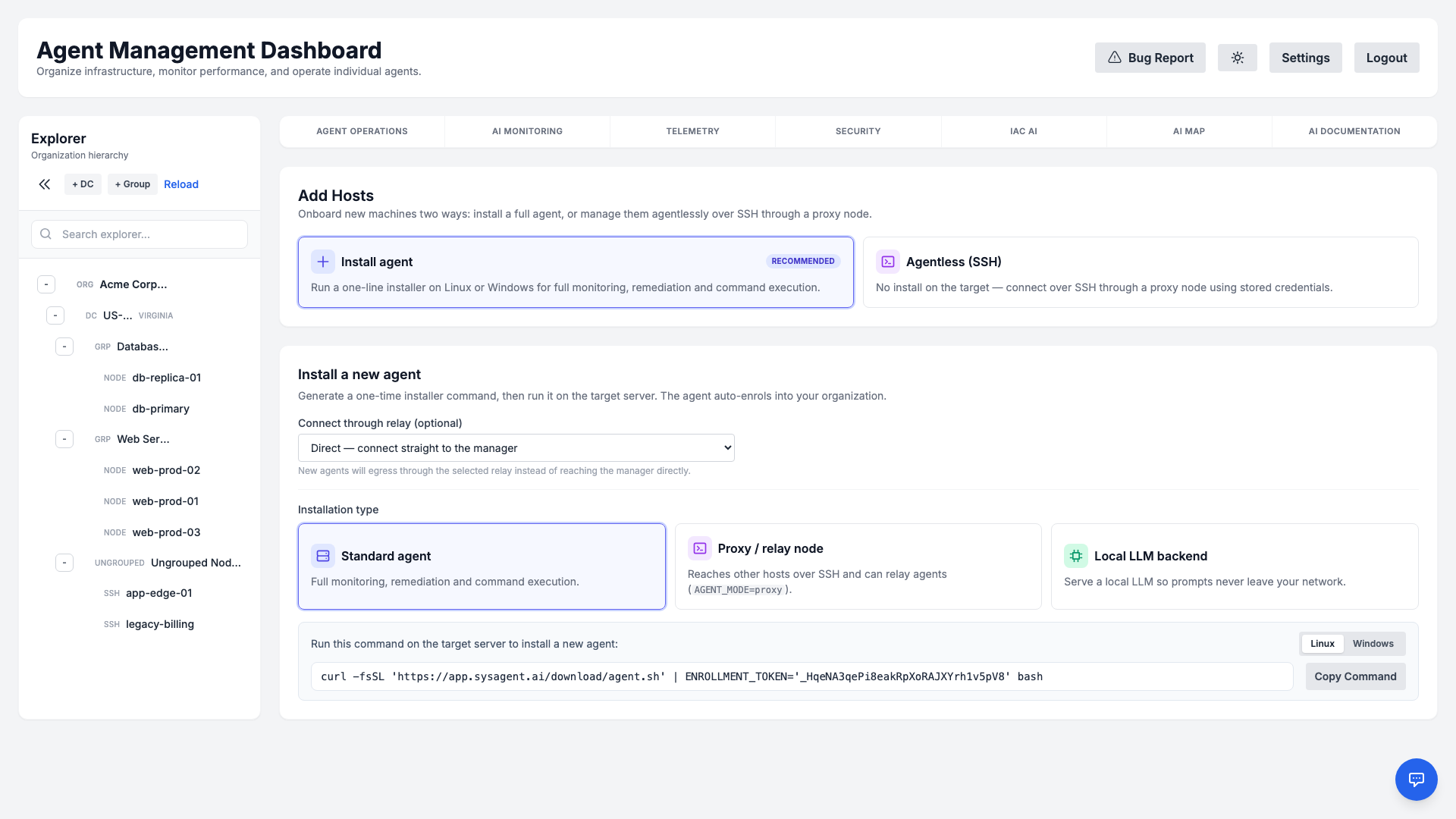 The Add Hosts onboarding view with the Install agent and Agentless (SSH) method chooser and a ready-to-run installer command