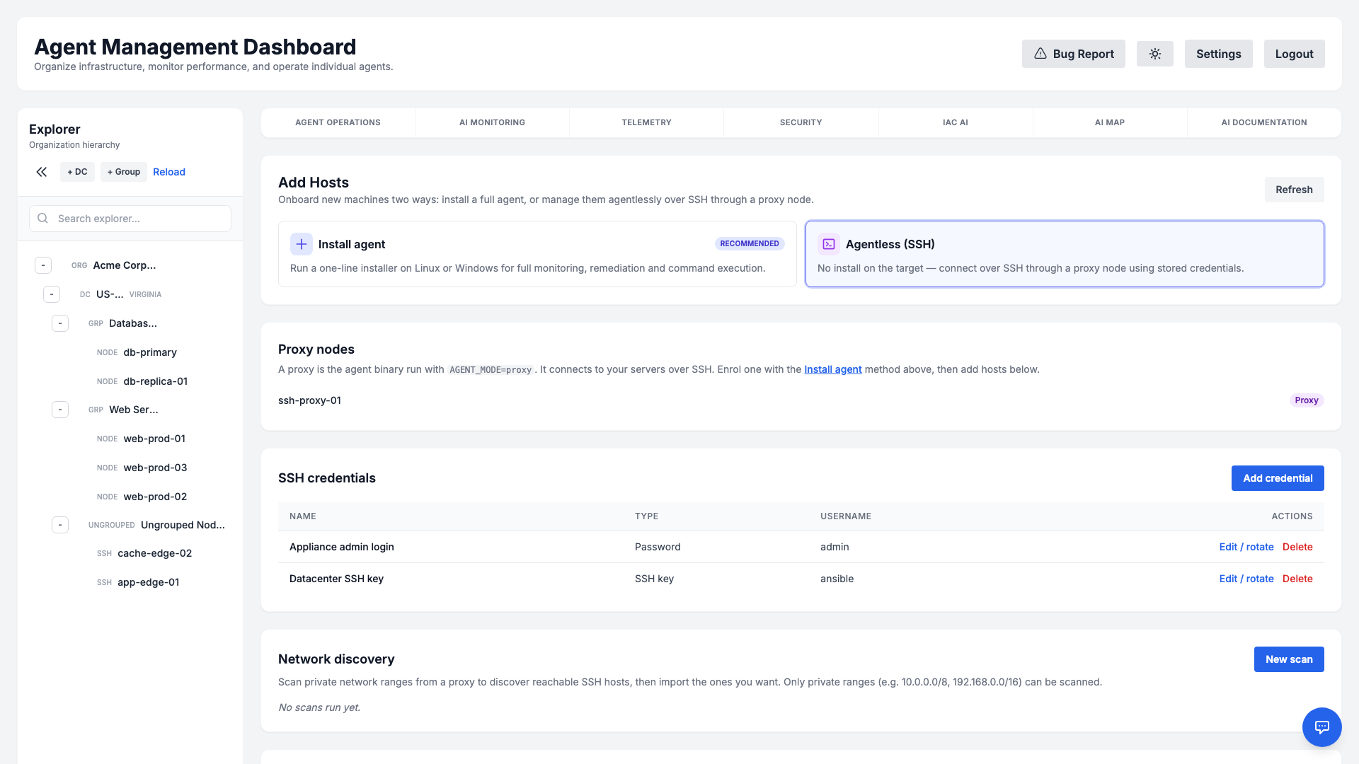 Add Hosts view, Agentless (SSH) method: proxy nodes, the SSH credential vault, network discovery and agentless hosts