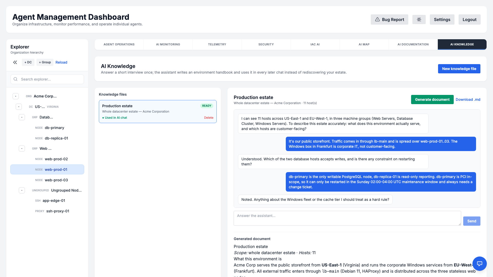 The AI Knowledge view: the list of knowledge files beside the interview chat and the generated document