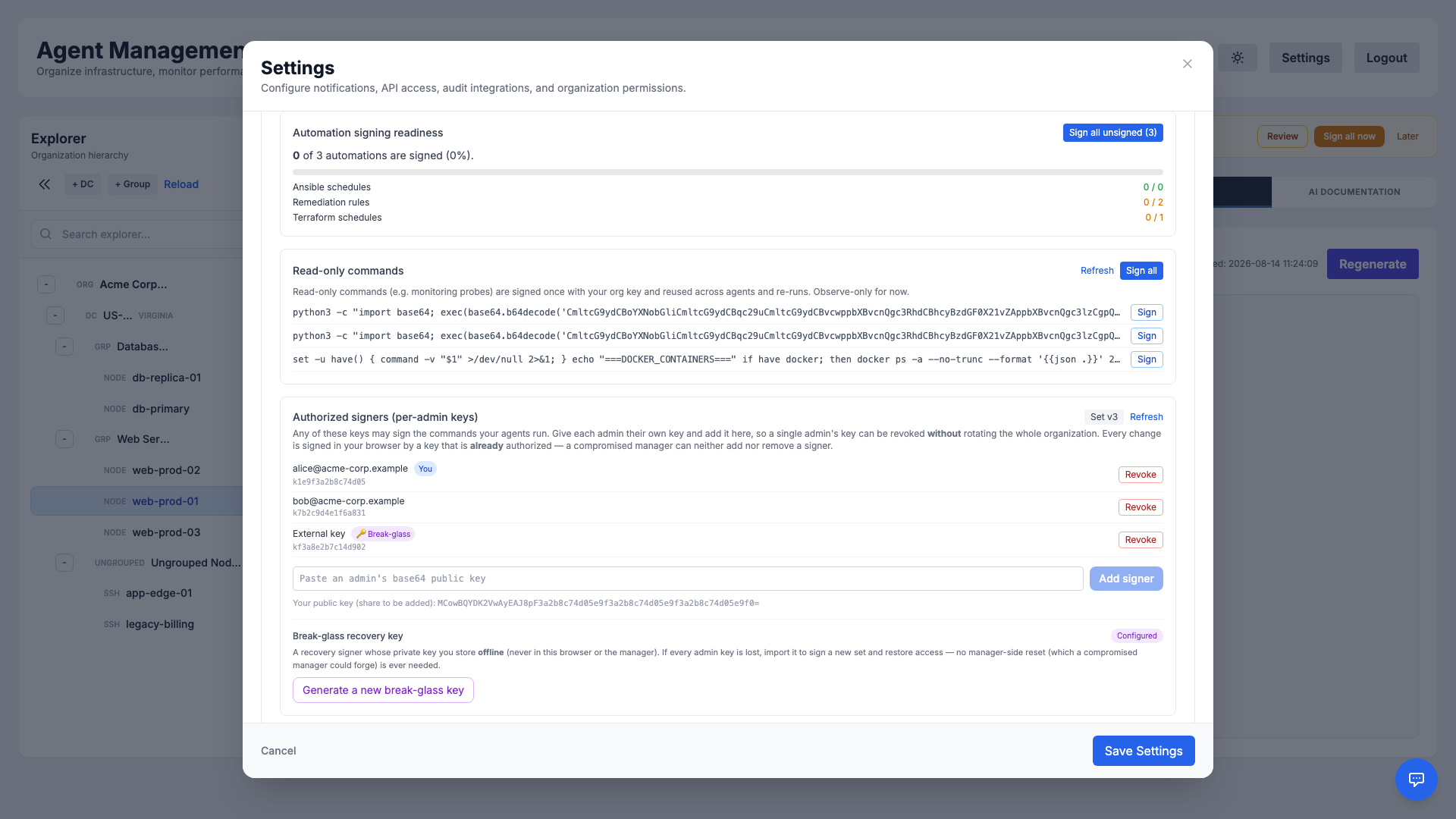 Authorized signers (per-admin keys), a break-glass recovery key, and the Observe / Soft / Hard enforcement selector
