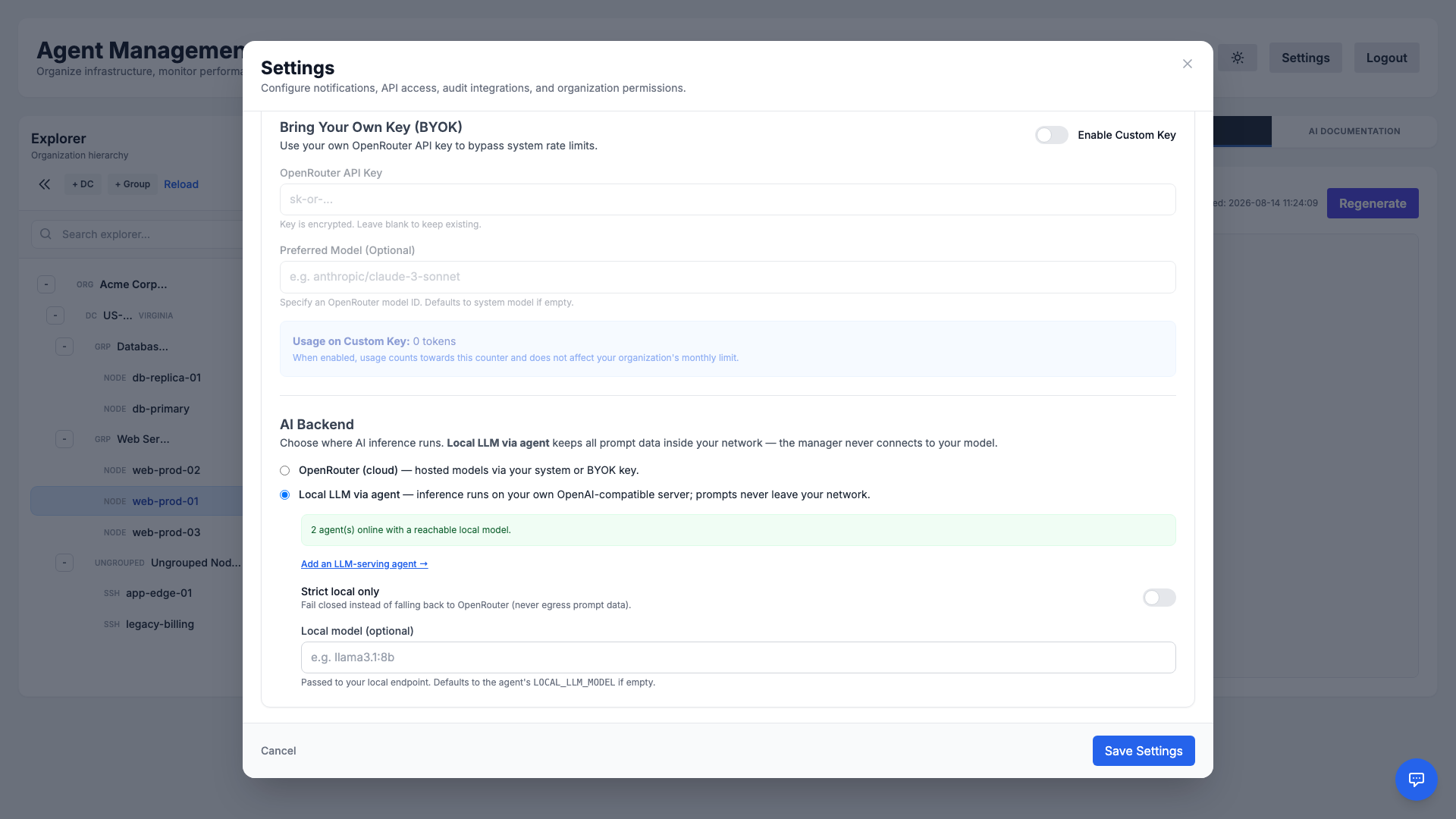 Settings, Plan tab: the AI Backend chooser with Local LLM via agent selected and agents reporting a reachable local model