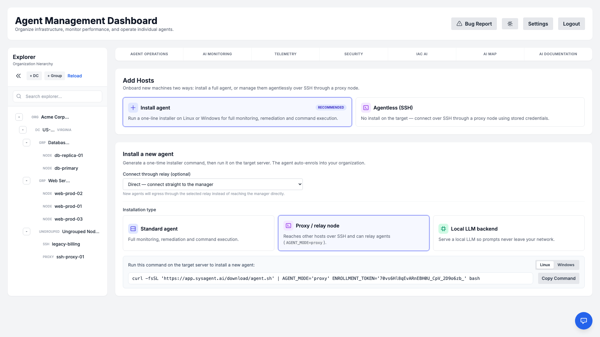 Install a new agent: the Installation type chooser with Proxy / relay node selected and a Connect through relay selector