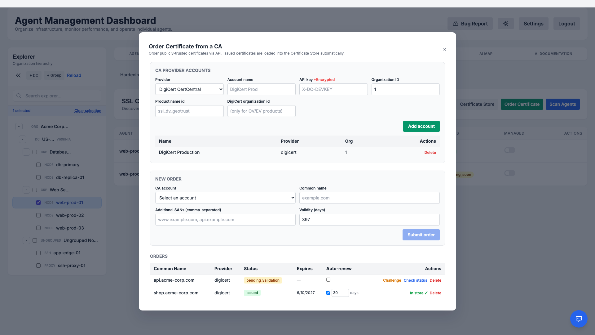 Order a certificate from a commercial CA: provider accounts, a new order, and the orders list with issued and pending-validation certificates